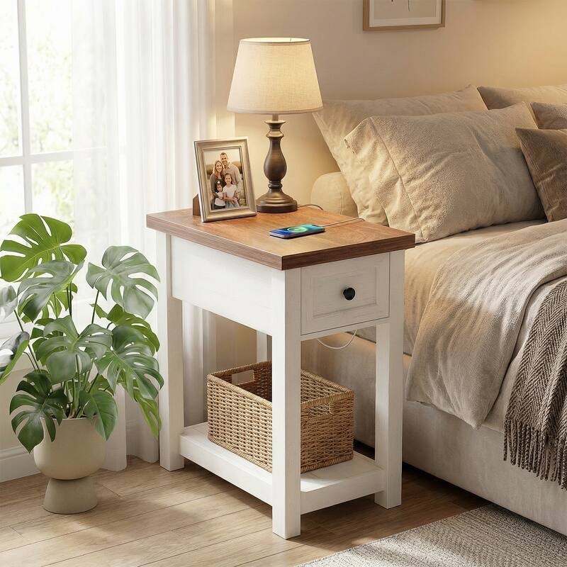 Farmhouse End Table with Wood Drawers and Charging Station, Sofa Side Table, Nightstand