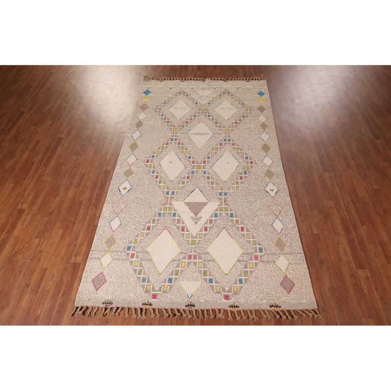 Geometric Moroccan Area Rug Hand-Knotted Oriental Wool Carpet - 5'7"x 10'0"