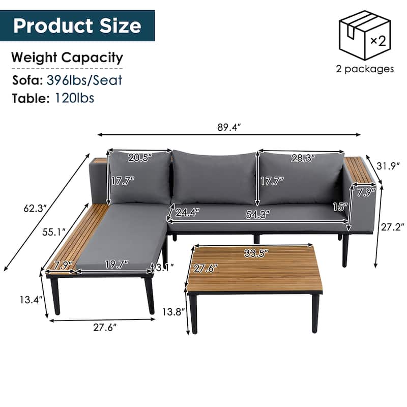 Roomfitters L-Shaped Outdoor Sectional Sofa Set with Built-in Wood Side Tables and Coffee Table, Patio Conversation Set
