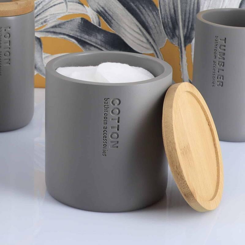 Sleek Cotton Pad Holder - Polyresin Bathroom Storage Container with Bamboo Lid - 4 L x 4 W x 4.6H - Gray