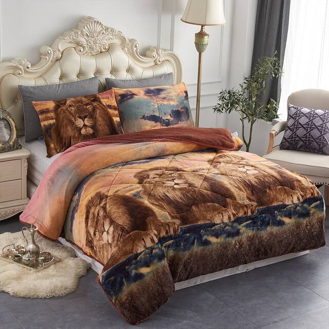 3-Piece Floral Printed Sherpa-Backing Reversible Comforter Set - Lion - Queen