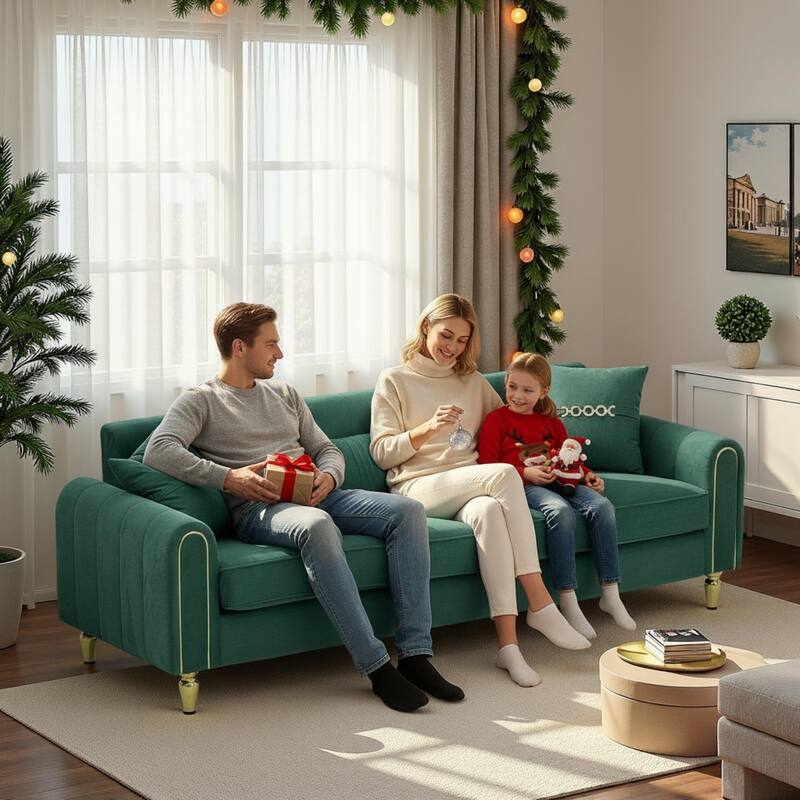 Roomfitters 87.4 Inch 3 Seater Elegant Modern Upholstered Sofa with Gold Metal Trim, Vertical Channel Tufted Back