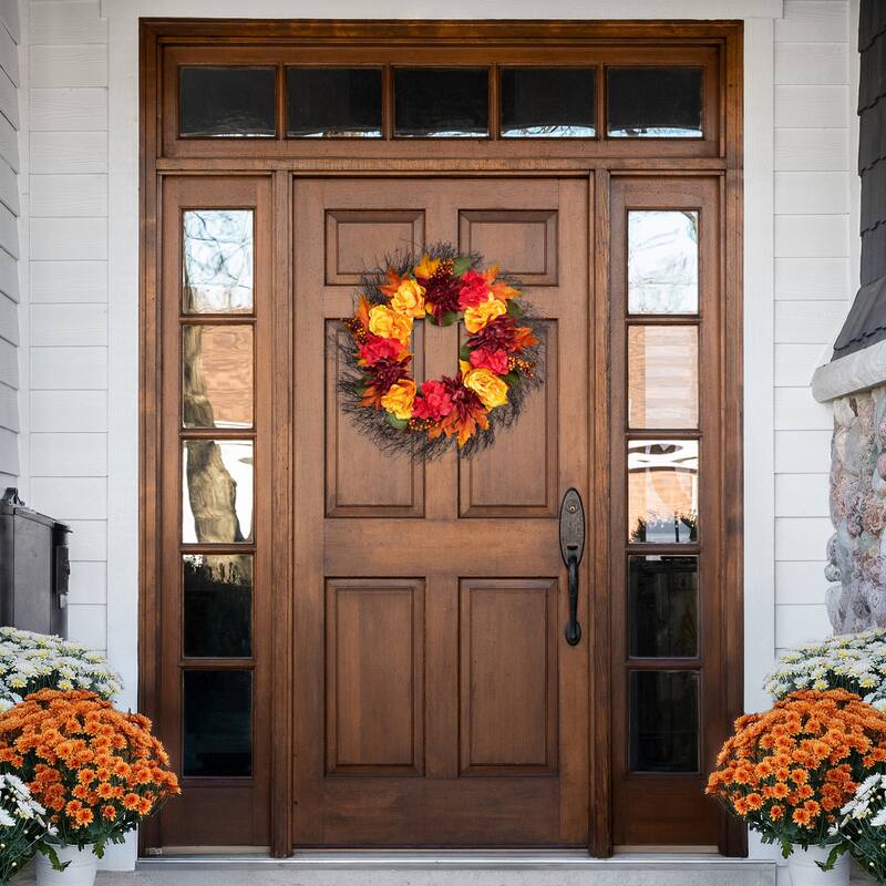 Peony and Mum Artificial Fall Harvest Wreath - 24"