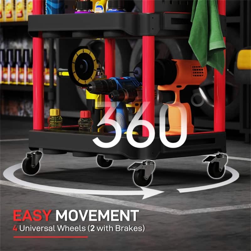 Three-Tier Mobile Rolling Tool Cart with Hooks and Storage Holes for Garage Workshop Organizer - 22.2" W x 18.7" D x 35" H