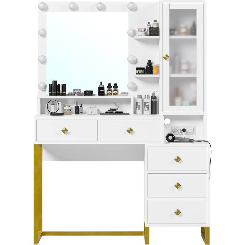 Makeup Vanity with Charging Station Mirror with Lights 5 Drawers