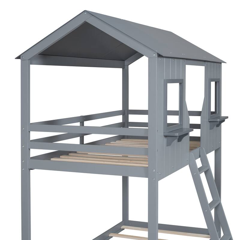 Merax Twin Over Twin House Bunk Bed with Guardrail & Ladder