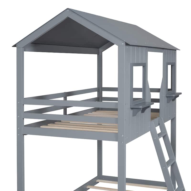 Twin Over Twin Bunk Bed Wood Bed with Roof, Window, Guardrail, Ladder (Gray)