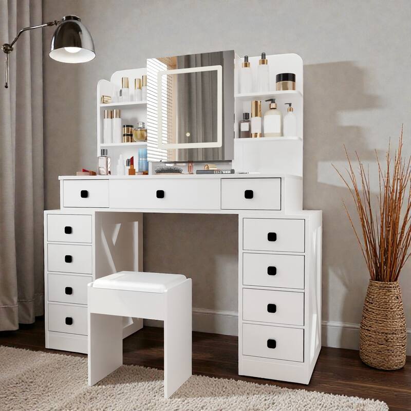 Farmhouse Vanity Desk with Sliding Mirror, LED Lights, Charging Station, 11 Drawers & Soft Stool, White Makeup Table