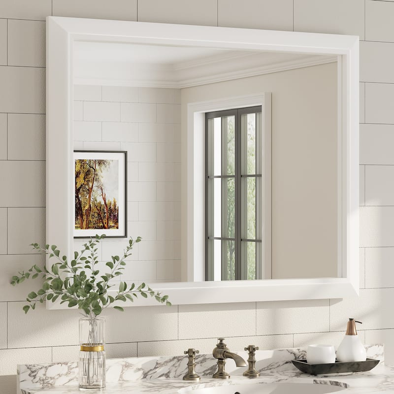 Beveled Metal Rectangle Framed Bathroom Vanity Tempered Glass Mirrors - 40" x 32" - White