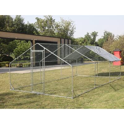 Walk-in Metal Chicken Coop with Waterproof & Anti-Ultraviolet Cover - 9.84' L x 19.68' W x 6.4' H