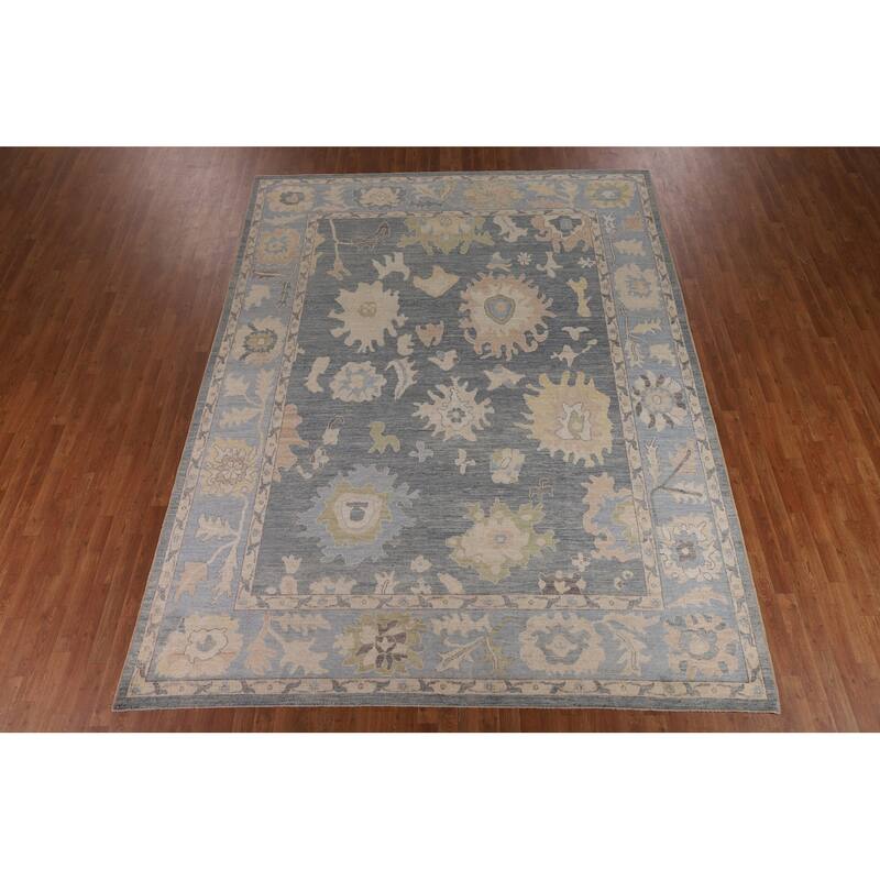 Vegetable Dye Oushak Turkish Area Rug Hand-Knotted Blue Wool Carpet - 9'2"x 11'9"