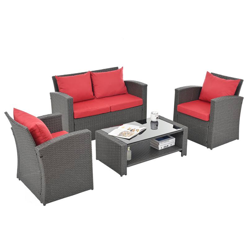 4 PCS Dark Grey Patio Furniture Set with PE Wicker Sofa, Loveseat Set, Chairs, and Tempered Glass Table