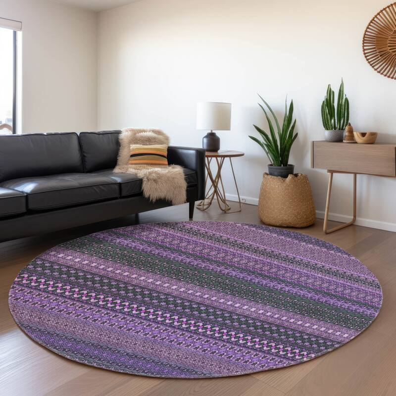 Premium Washable Super Soft Boho Stripes Mayfield Rug - Purple - 8' x 8' - Round