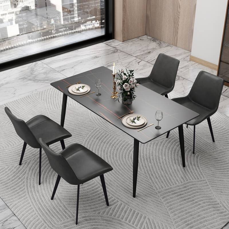 63" Rectangle Modern Sintered Stone Dining Table, Industrial Kitchen Table with Sturdy Black Metal Legs - Black