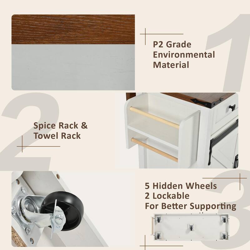 Sliding Barn Door Kitchen Island on Wheels w/ Drop Leaf & Power Outlet