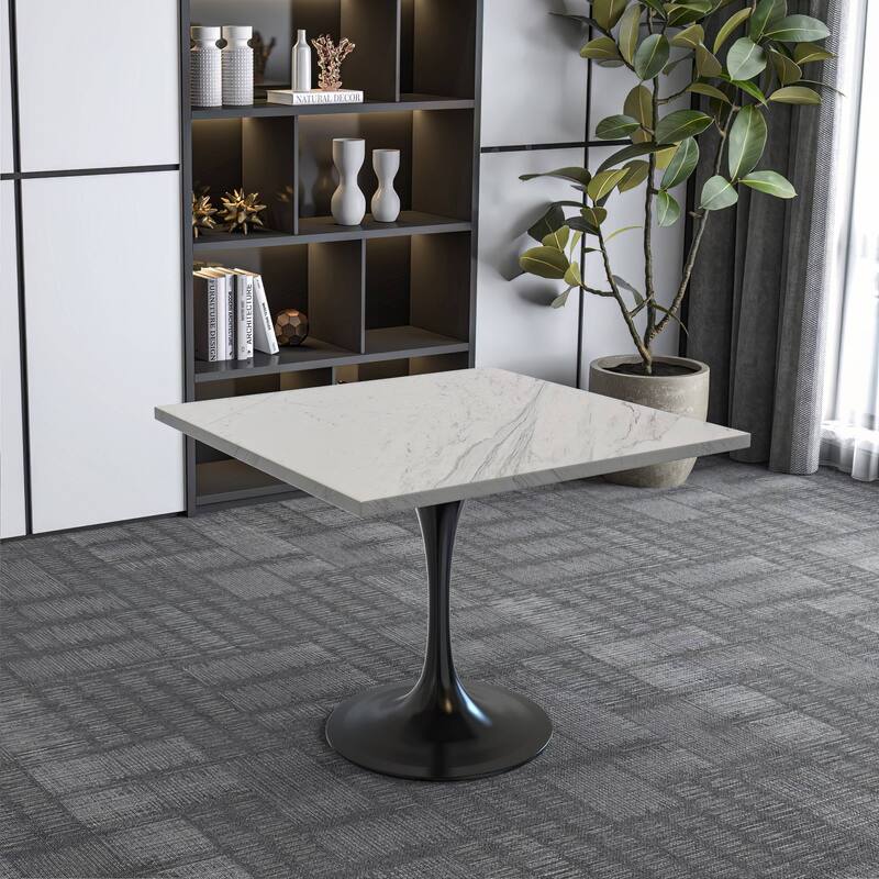 LeisureMod Verve Square Dining Table with Resin Top and Black Steel Base for Kitchen and Dining Room
