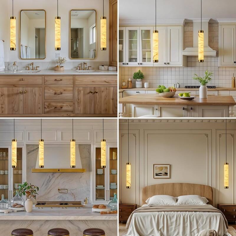 KAYLA Natural Alabaster Pendant Light - Brass Cylinder Marble Long Hanging Light - 19in