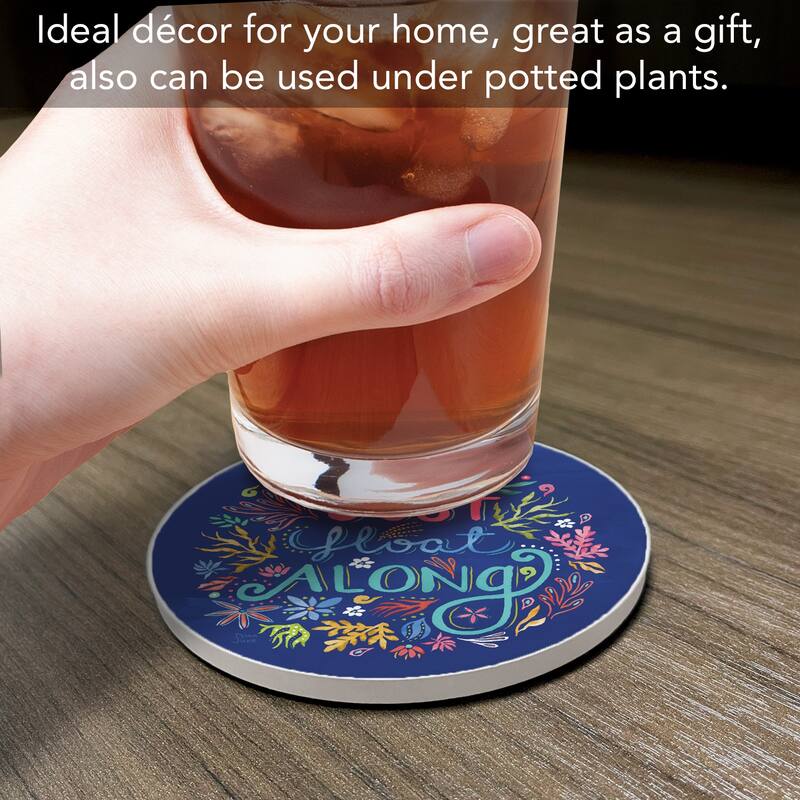Float Along 4 Pack Absorbent Stone Coaster with Protective Cork Backing Made in The USA 4" Round, Easily Wipes Clean