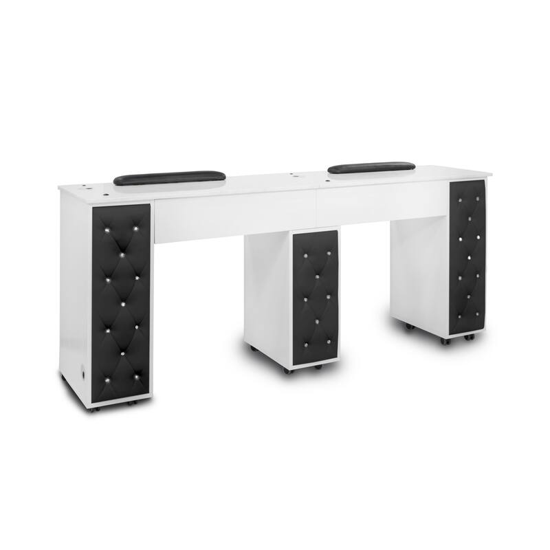 Drexel Manicure Table Double Nail Station Marble Top Desk, Black Tufted Cushion - N/A - Cabinet - White