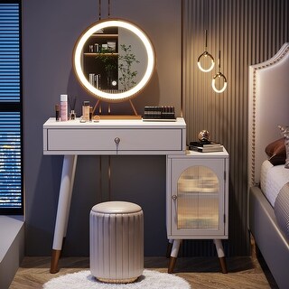 Vanity with Lighted Mirror, Makeup Dressing Table Desk Set with Lights and Drawer