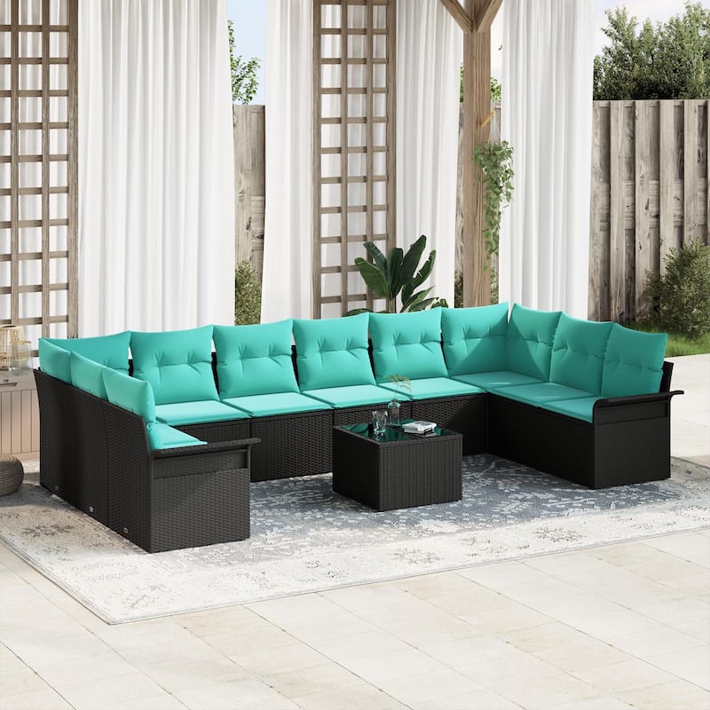 vidaXL 11 Garden Sofa Set with Cushions Black Poly Rattan - 135.4 x 73.8 x 27.2 - Black with table