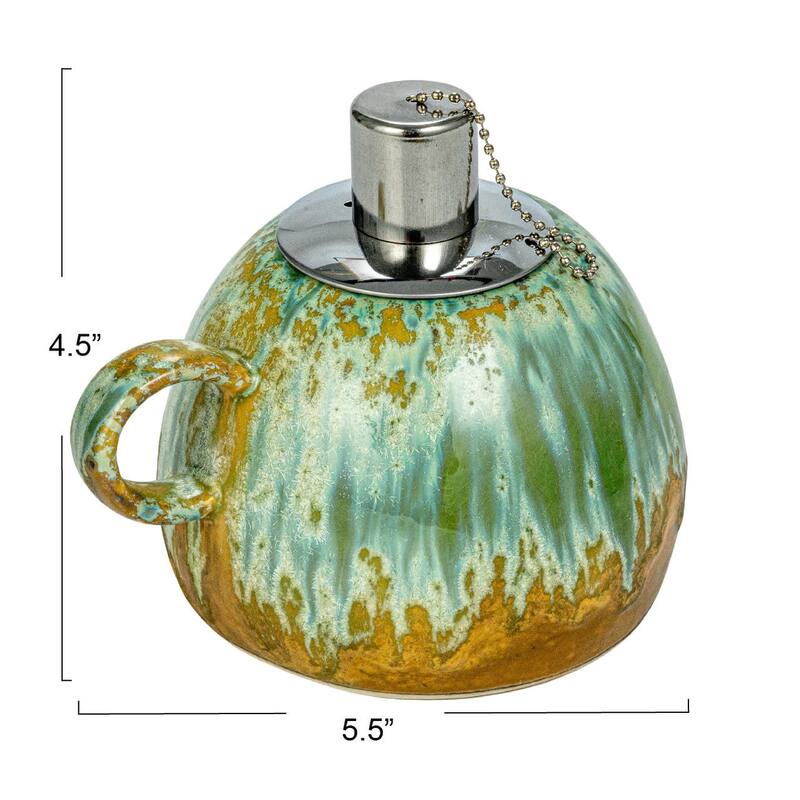 Stoneware Oil Lamp with Handle and Reactive Glaze - 5.5"L x 4.5"W x 4.4"H