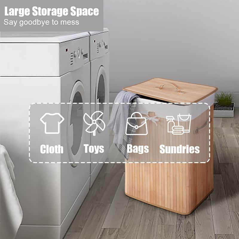 Costway Rectangle Bamboo Hamper Laundry Basket Washing Cloth Bin Bag - See Details