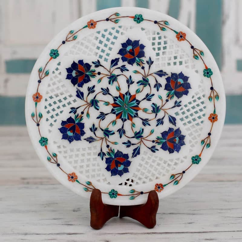 Novica Handmade Floral Muse Marble Inlay Decorative Plate