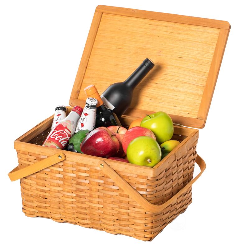 Woodchip Picnic Storage Basket with Cover and Movable Handles - Large