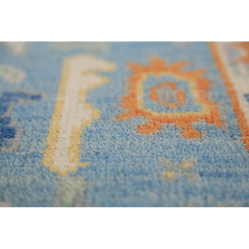 Light Blue & Ivory Oushak Indian Foyer Rug Hand-Knotted Wool Carpet - 2'6"x 6'1"