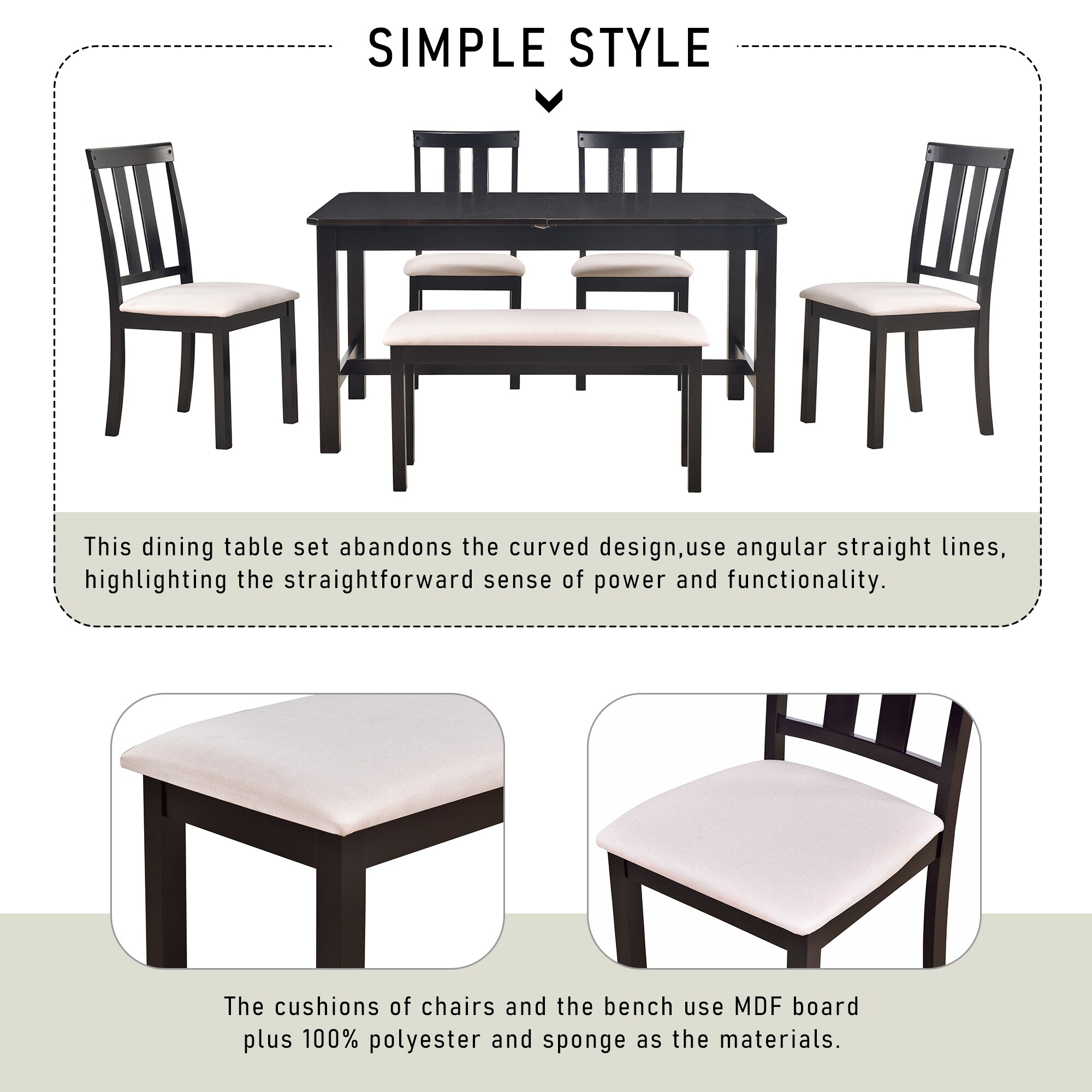 6 person Rubber Wood MDF Boards Dining Table Set 4 Chairs 1