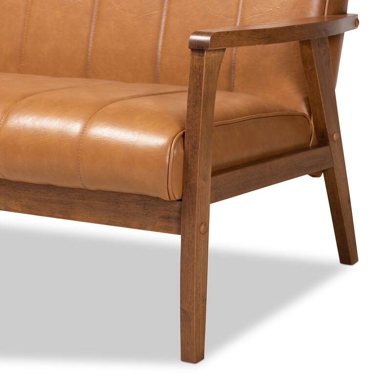 Nikko Tan Faux Leather and Walnut finished Wood Sofa