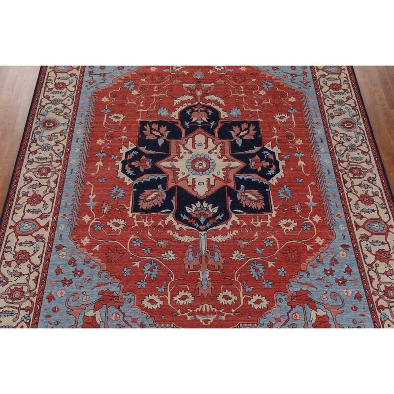 Red/ Ivory/ Blue Heriz Serapi Turkish Area Rug Handmade Wool Carpet - 9'0" x 12'0"