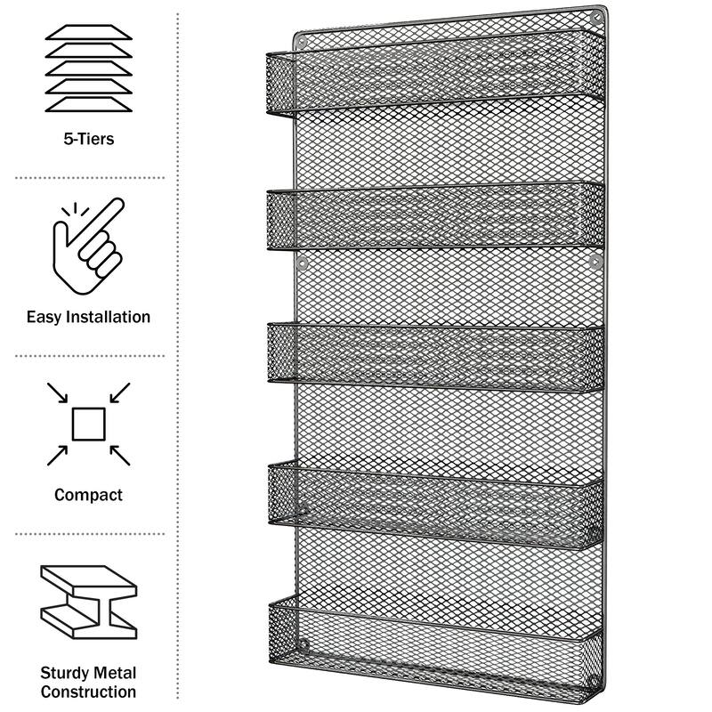 Spice Rack Organizer - Space-Saving Wall-Mount 5-Tier Wire Shelves by Home-Complete (Black)