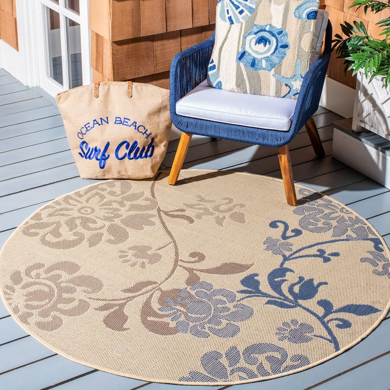 SAFAVIEH Courtyard Vernelle Arvyda Outdoor Waterproof Patio Backyard Rug - 5'3" Round - Natural Brown/Blue