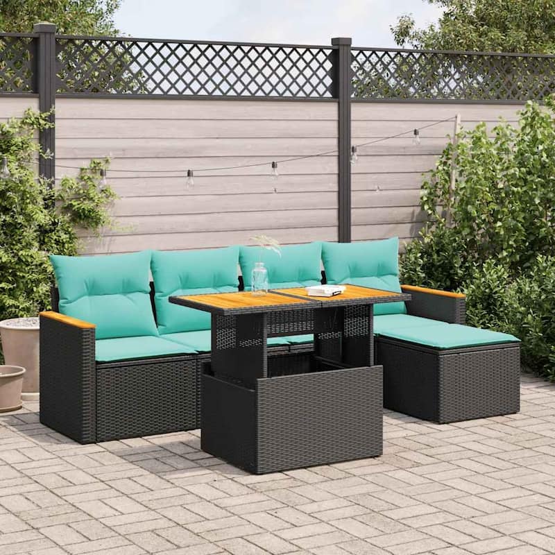 vidaXL Patio Sofa Set with Cushions Outdoor Furniture 6 Piece Poly Rattan - Black-with storage - 21.7 x 24.4 x 27.2