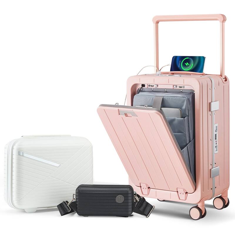 Aluminum Frame 20 Inch with Front Open Carry-on Luggage - Pink