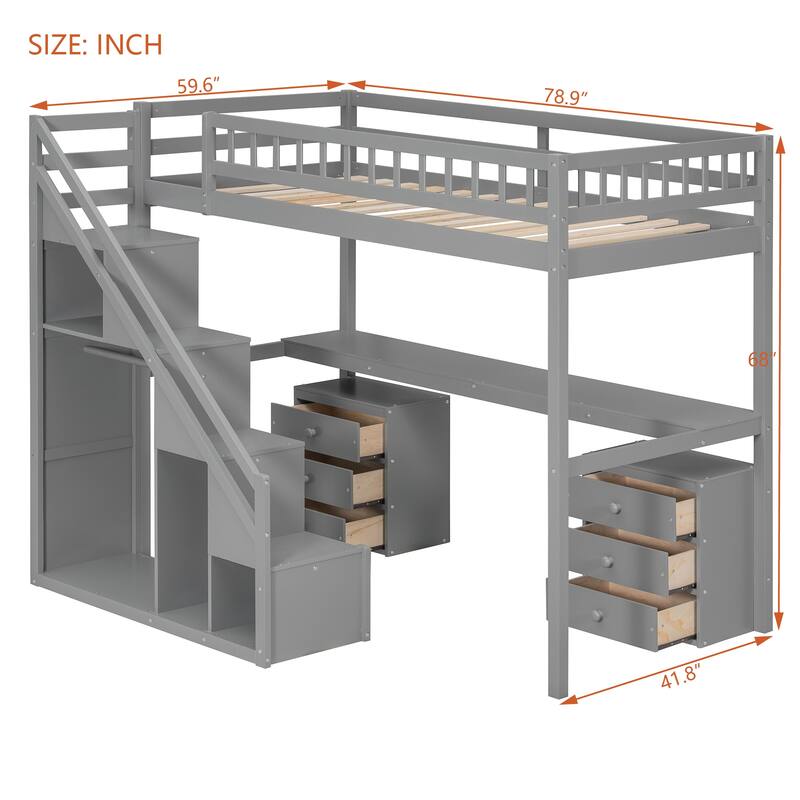 Roomfitters Twin/Full Size Loft Bed with Desk, Two Chests of Storage Drawers and Lighting