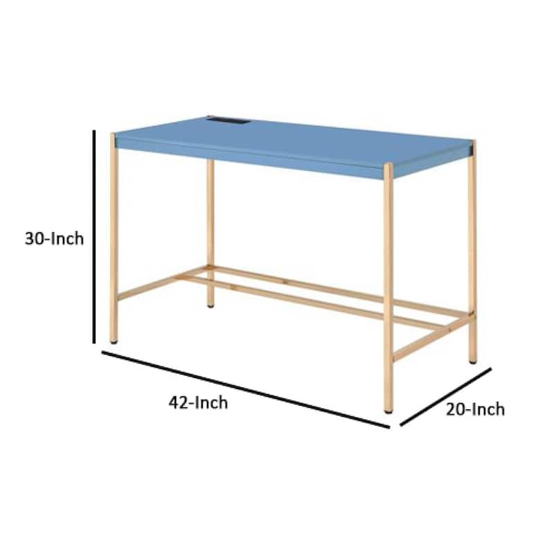Modern Writing Desk with USB Port & Metal Legs - Blue & Gold Desk for Home Office