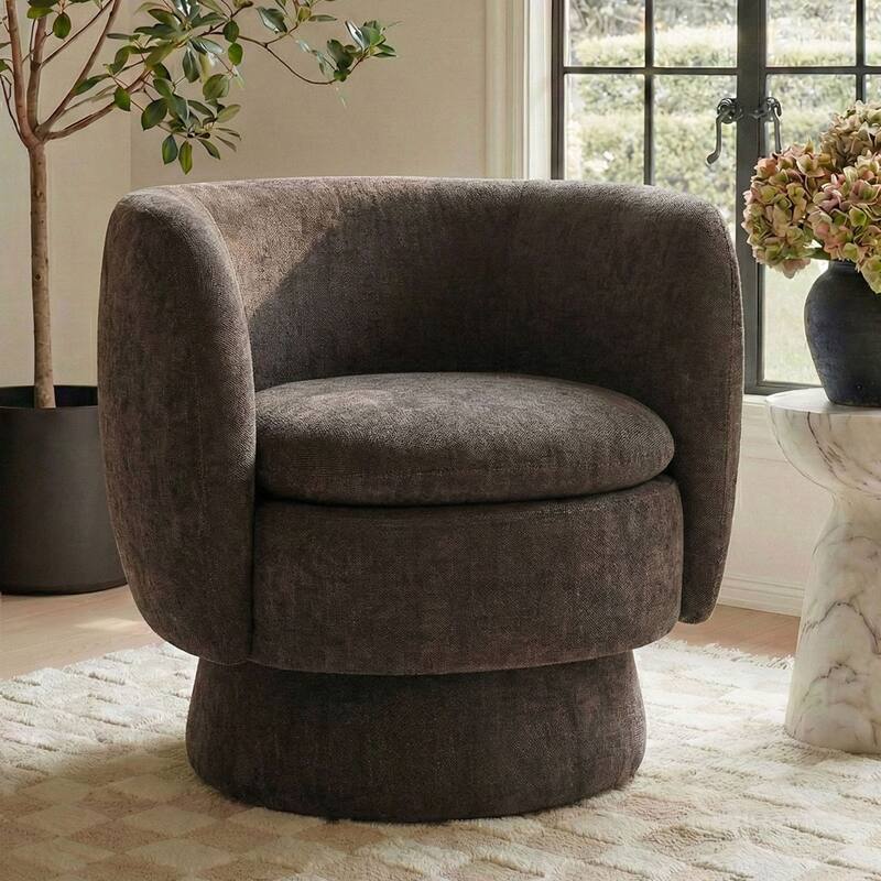 Modern Upholstered Swivel Barrel Accent Chair with Curved Back - Brown