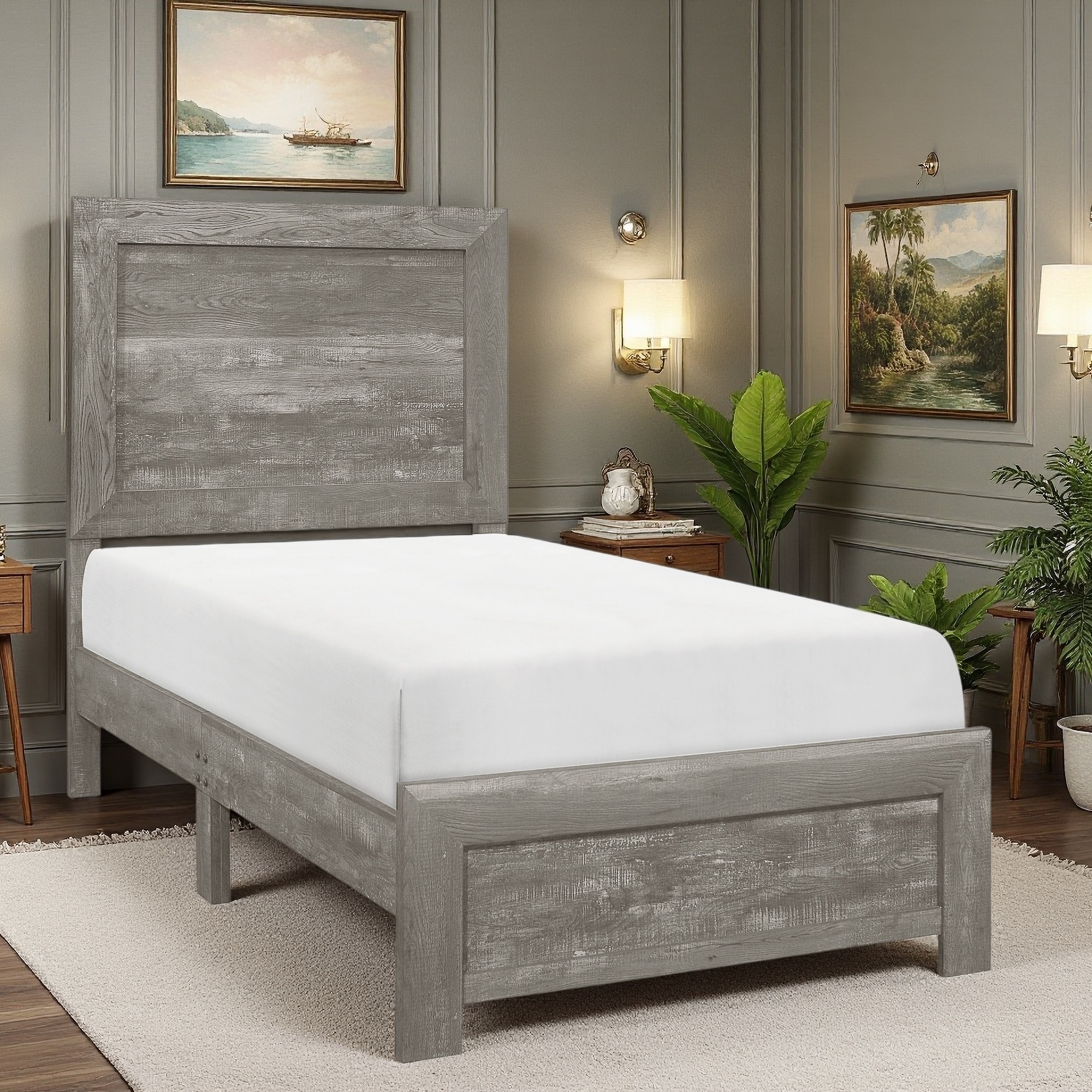 Twin Size Wood Panel Bed with Bed-in-a-Box Delivery