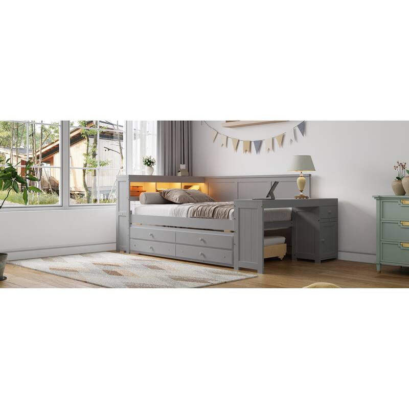 Full Size Daybed with Storage Shelves, Drawers, Trundle, Charging Station, LED Light, Desk and Cabinet