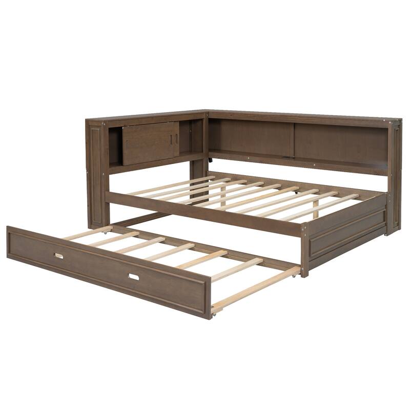 Full Size Daybed with Storage Shelves, USB Charging, LED Lights, and Twin Trundle (600lb Capacity)