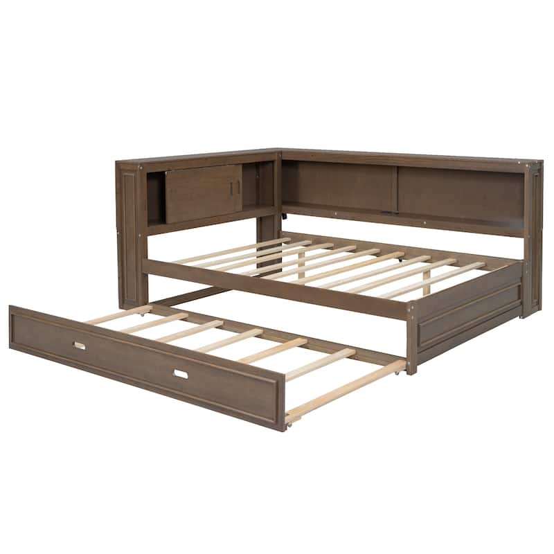 Full Size Wood Daybed with Storage Shelves and Trundle