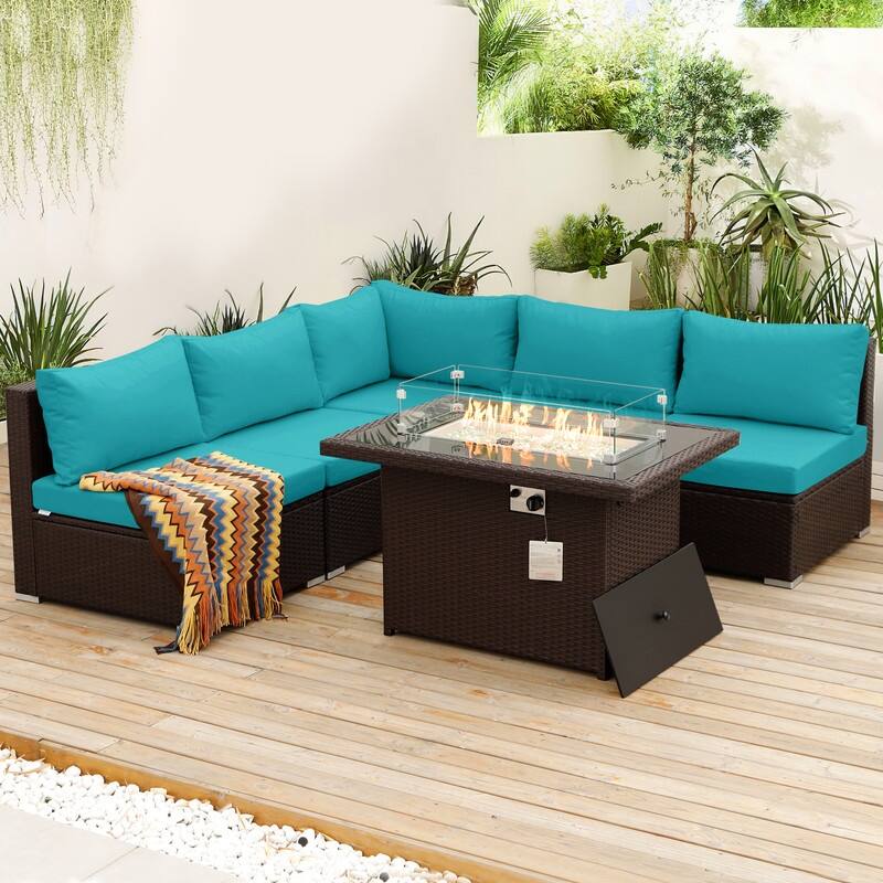 FINCATI Outdoor Wicker Patio Furniture Conversation Sectional Sofa Set - 6 PCS - Teal