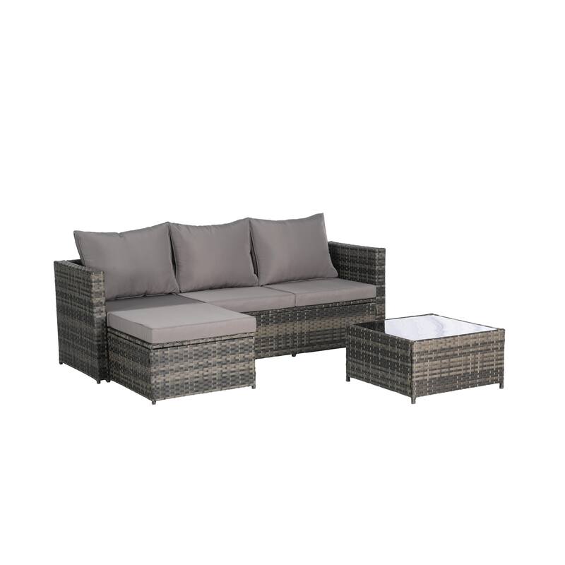 2-Pieces Outdoor Patio L-Shaped Sectional Sofa Set with Glass Coffee Table