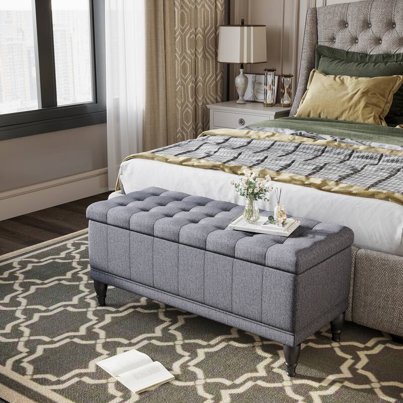 Storage Ottoman, Linen Fabric Button Tufted Storage Bench with Soft Close Lid for Living Room, Entryway or Bedroom