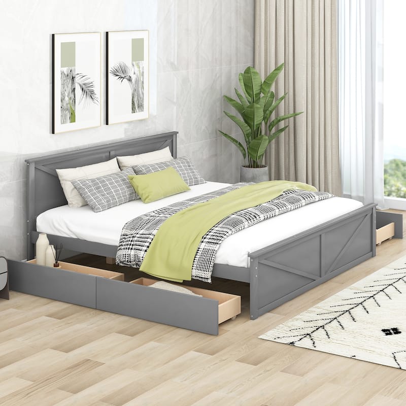 King Size Wooden Platform Bed with Four Storage Drawers and Support