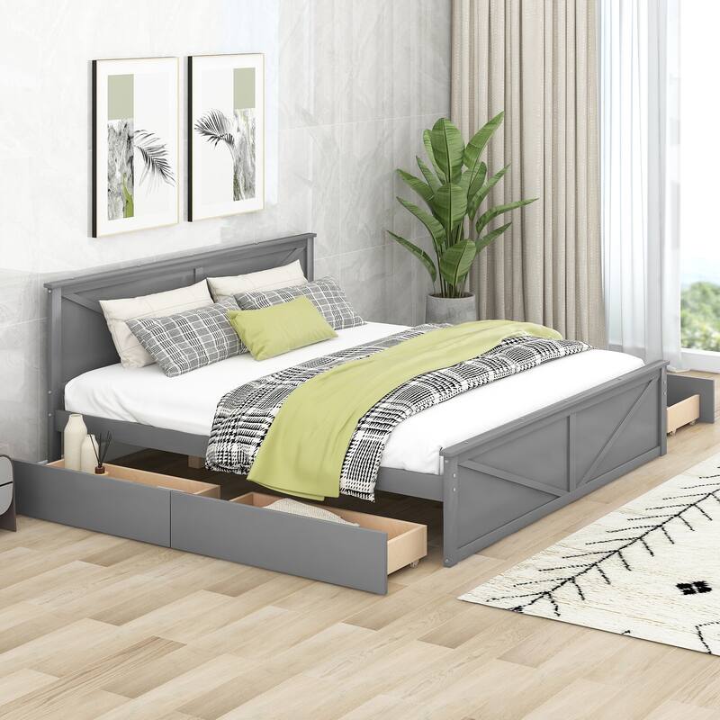 Wooden Platform Bed with Four Storage Drawers and Support Legs - Grey - King