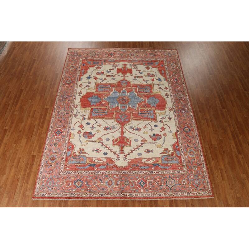 Hand Knotted Oriental 100% Wool Carpet Traditional Medallion Beige & Ivories Heriz (serapi) Area Rug - 11' 10'' X 9' 2''